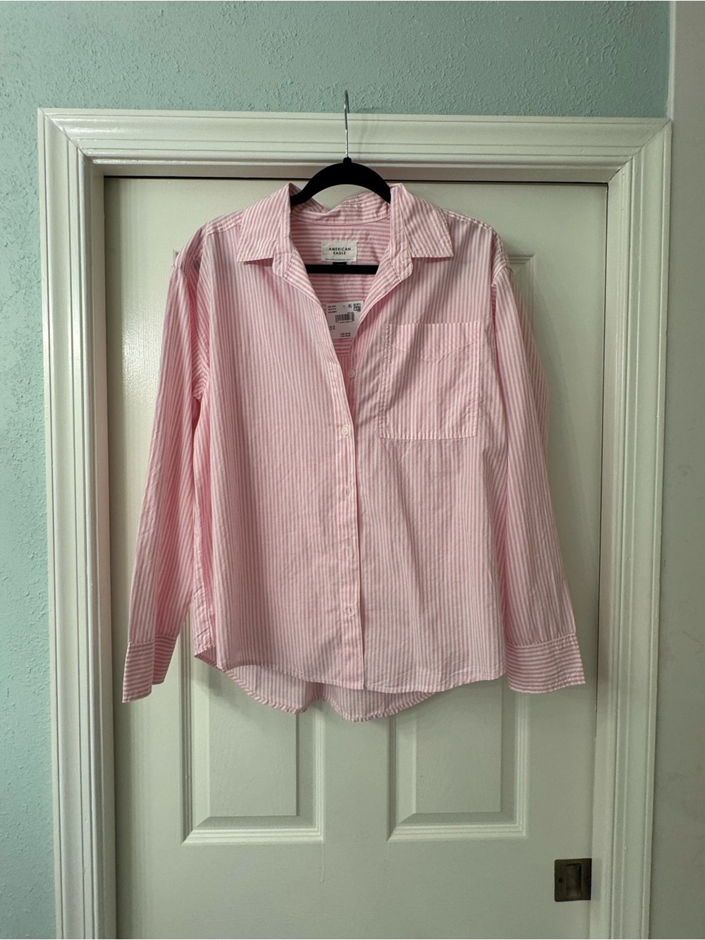 American Eagle Pink White Striped Oversized Button Down Shirt XS NWT